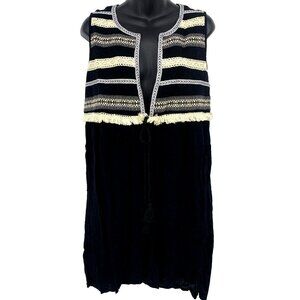 Cupio Vest Kaftan Size Medium Black Tassel Tie Front Fringe Sleeveless Women New